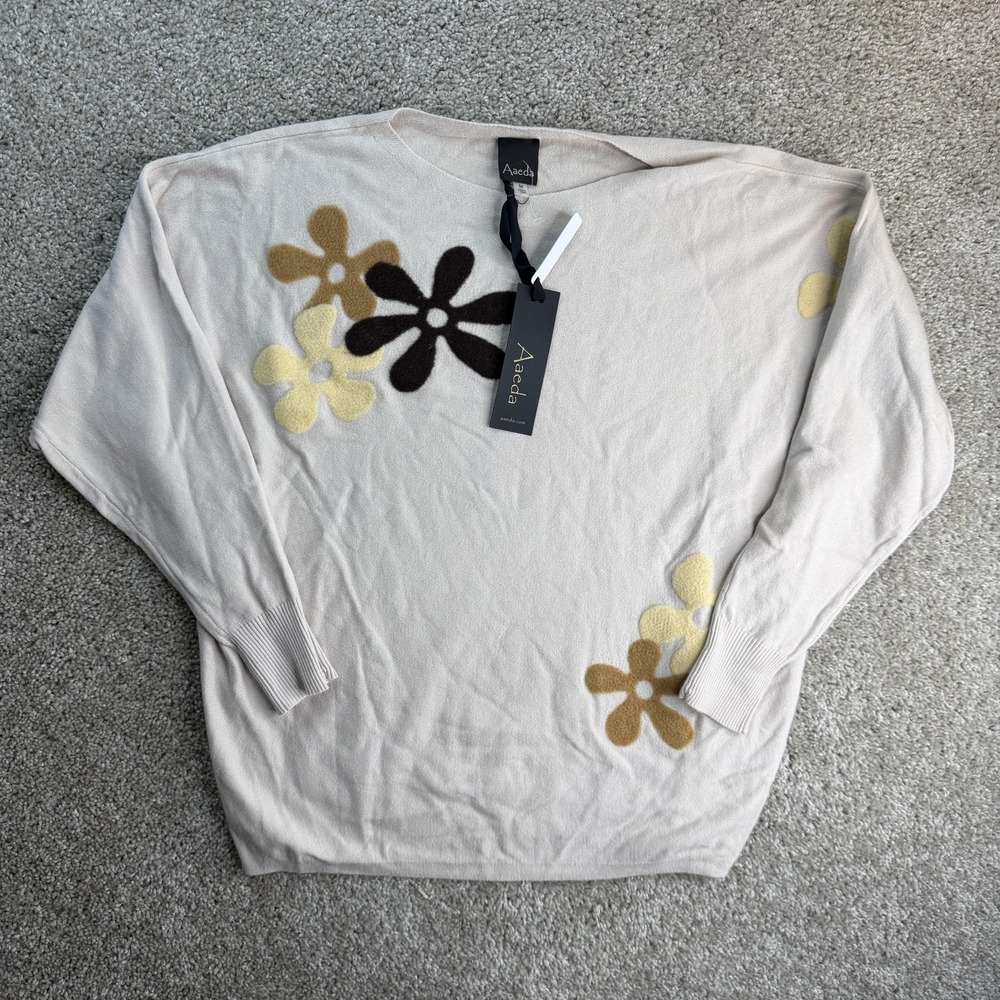 Aaeda Sweater Womens M Winter White Floral Crew Neck Dolman Tight-Knit Pullover